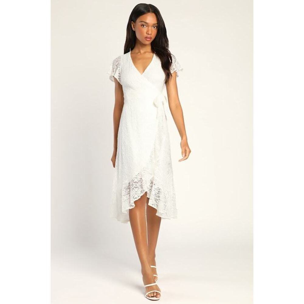 Lulus Daily Angel White Lace Flutter Sleeve Midi Wrap Dress - Size S